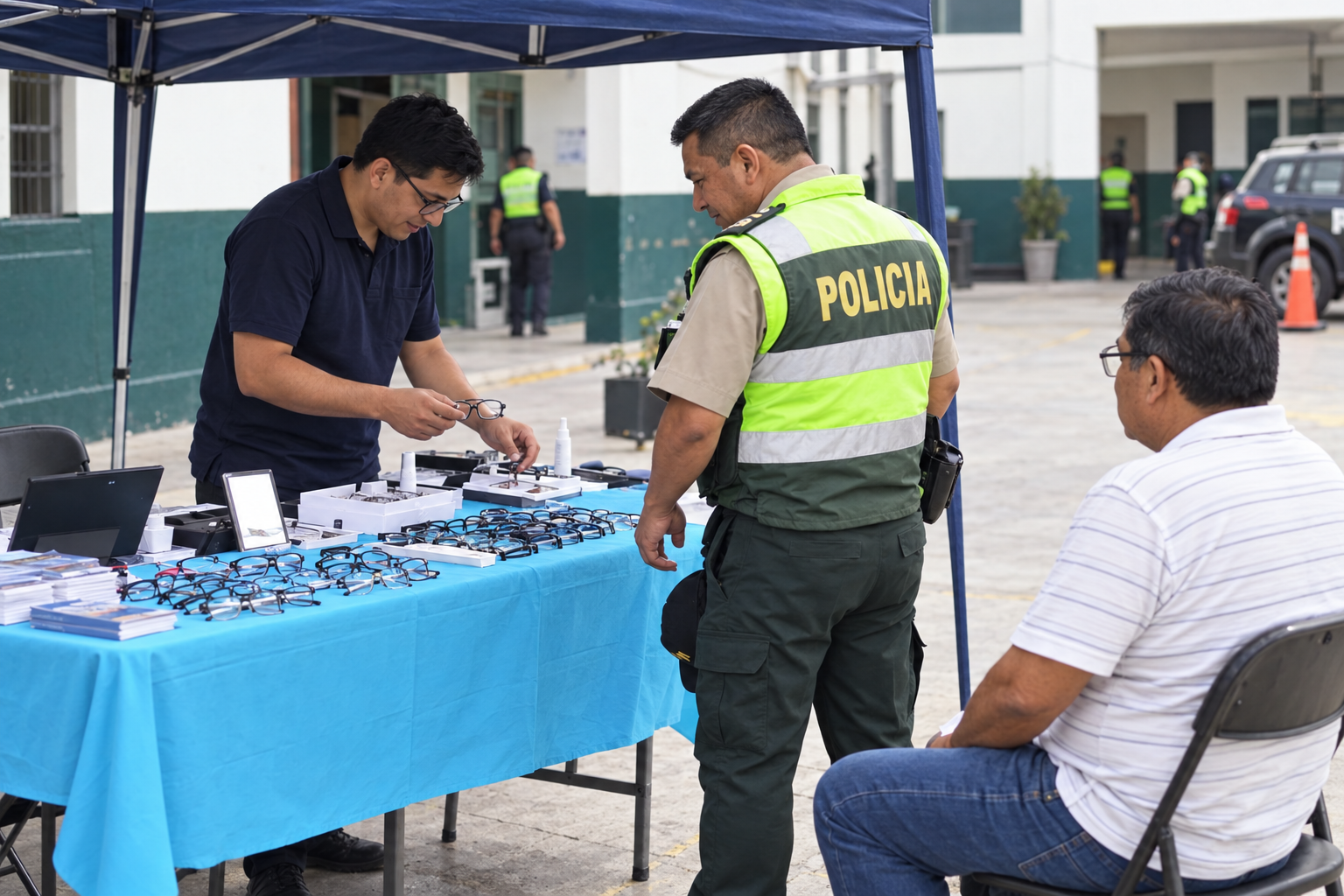 Orientación sobre monturas en un puesto de campaña para personal policial peruano