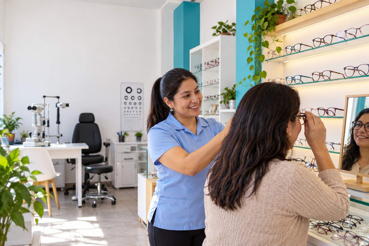 Optometrista peruana asesora a una clienta en una óptica de barrio